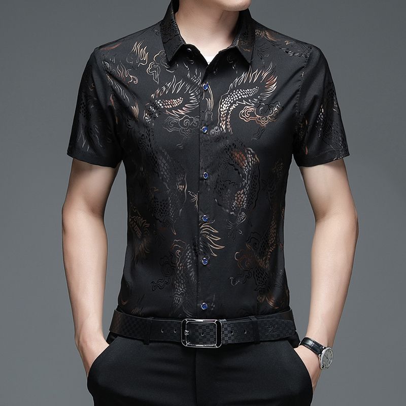Summer Men's Ice Silk Short-sleeved Shirt Thin Plus Size Breathable Anti-wrinkle Pocket Printed Shirt
