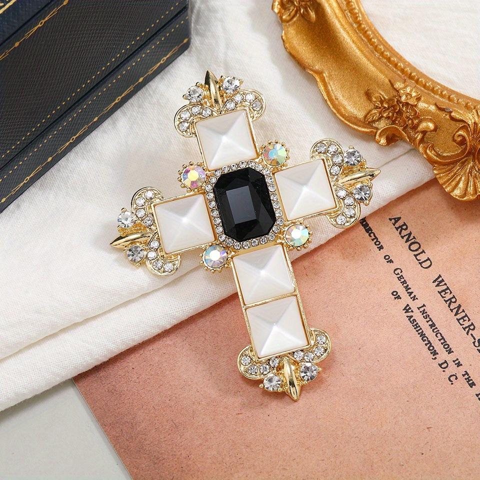 Vintage Glamorous Rhinestone Cross Brooch with Teardrop & Square Accents - Golden-Tone Metal Unisex Corsage Pin for Suits, Dresses, Christmas, Graduat