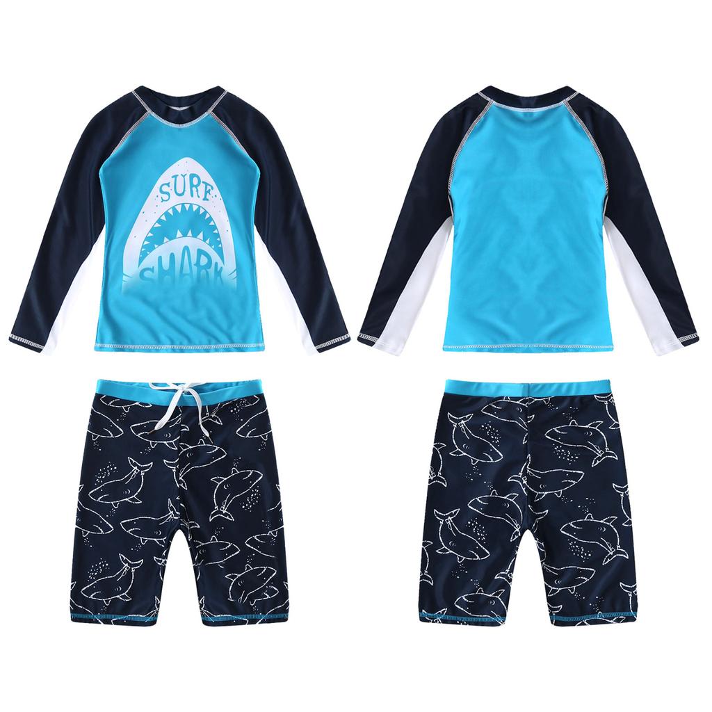 2Pcs Strand Schwimmen Bade Cartoon Shark Fisch Wellen Floral Print Bademode Lange Ärmel Tops Mit Shorts