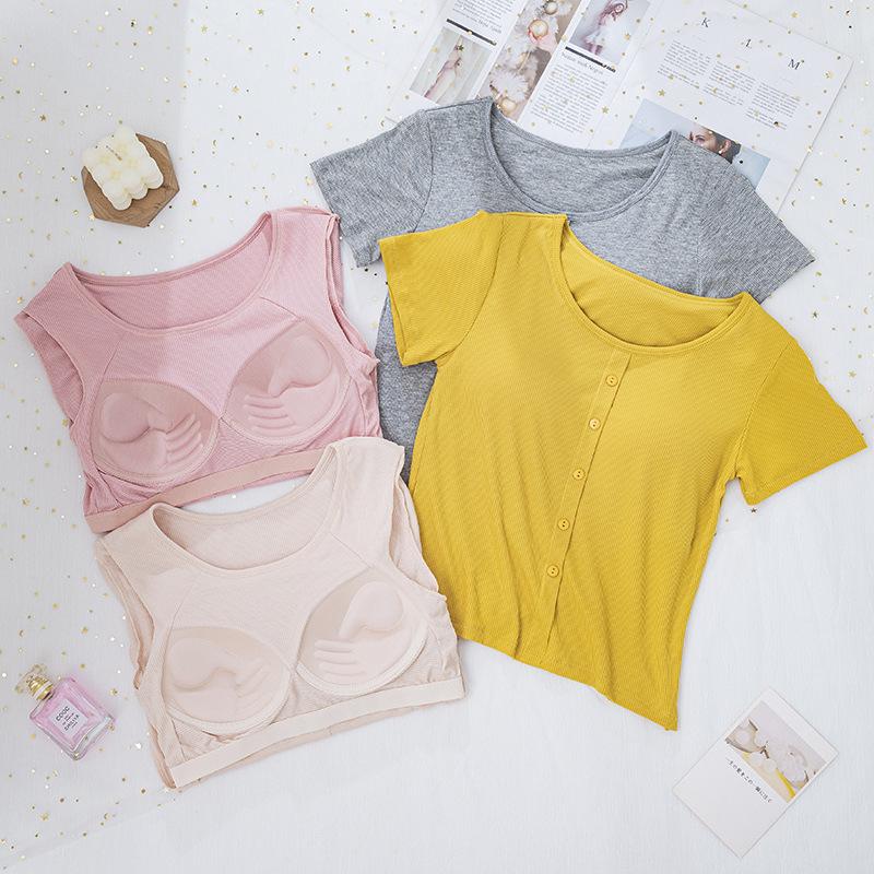 Ribbed Cropped Bodycon T-Shirt with Built-in Bra Pads and Fixed Short Sleeves