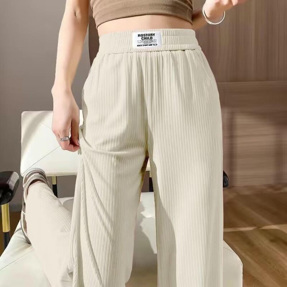 Women's Elastic High Waist Wide Leg Pants Loose Straight Ice Silk Vertical Striped Drape Casual Drawstring Hem Long Trousers For Summer Daily Wear