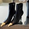 Women's Metal Pointed Stiletto Heel Ankle Boots Side Zipper Autumn Winter Slim Black Chunky Boots