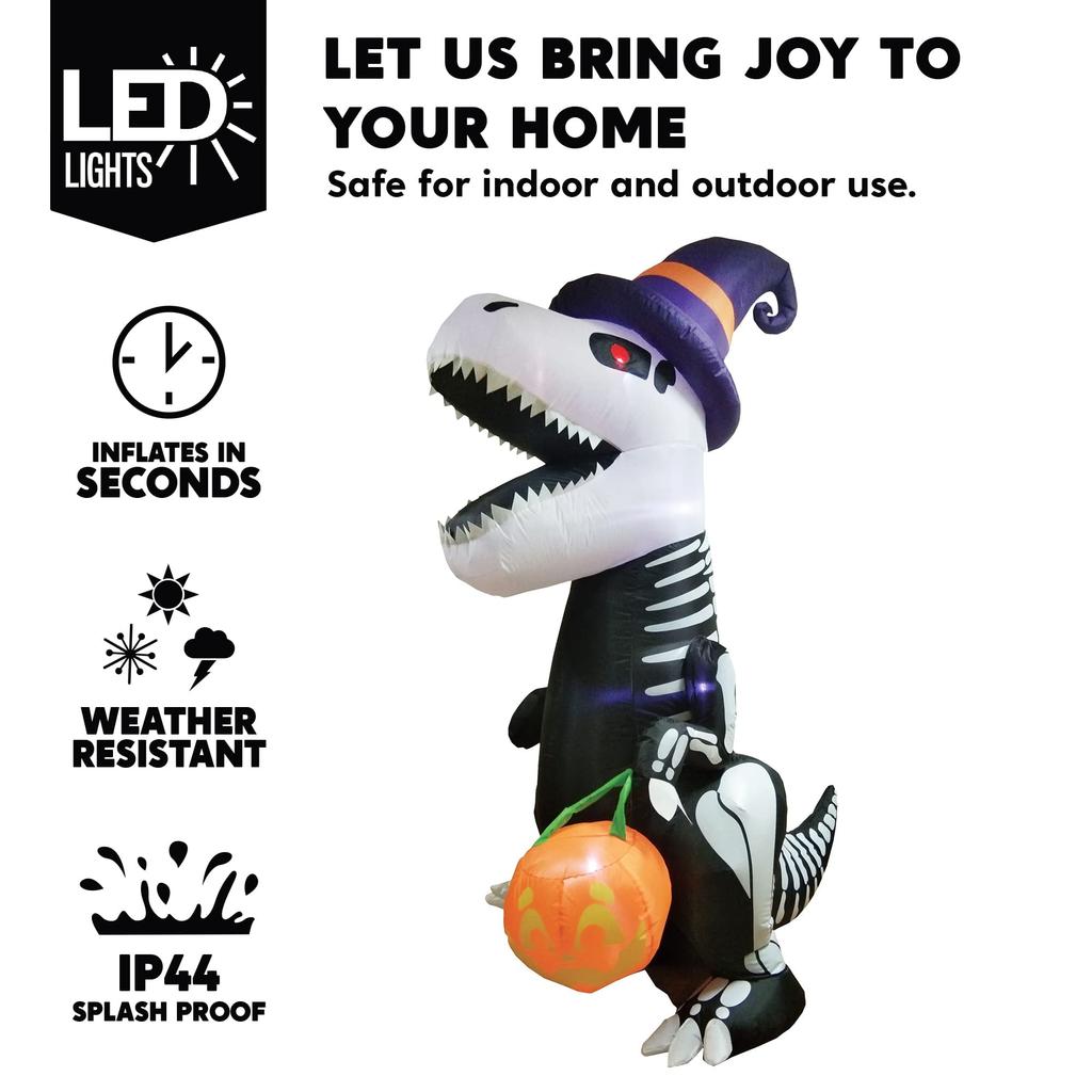 Joyfy Halloween Inflatable 8 FT Skeleton Dinosaur with Build-in LEDs Pumpkin for Halloween Outdoor Blow up Yard Decorations