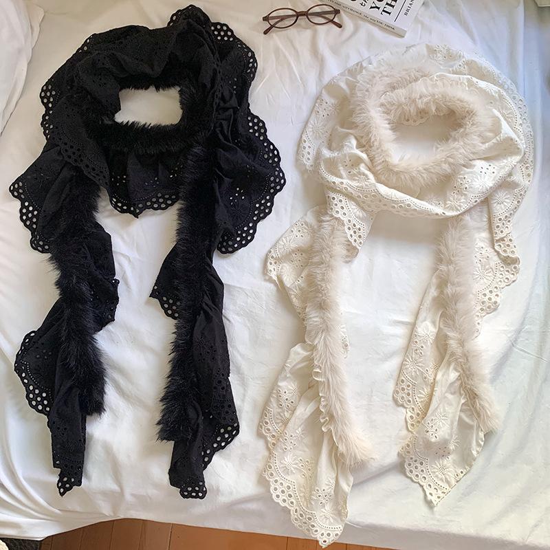 Sweet Korean Style Y2K Scarf Women Winter Soft Warm Scarf Harajuku Lace Patchwork Plush Scarf
