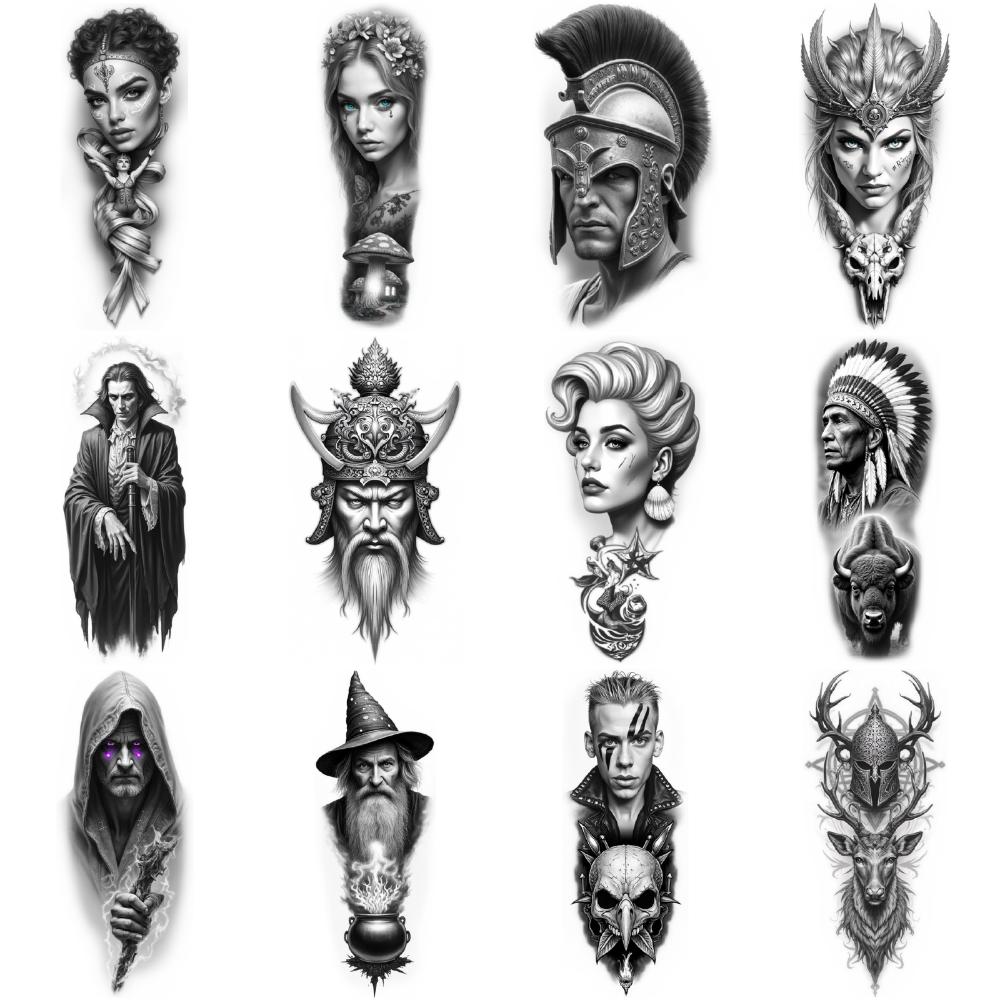12pcs Temporary Tattoo  waterproof long-lasting body stickers Native American Chief Tattoo Fantasy Woman Tattoo Wizard Tattoo