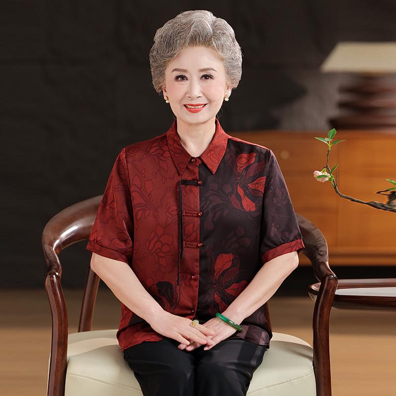 

Grandma s Summer Short-Sleeve Floral Cardigan - Chinese Style for Middle-Aged and Elderly Women 4XL (135-150 lbs) червоний
