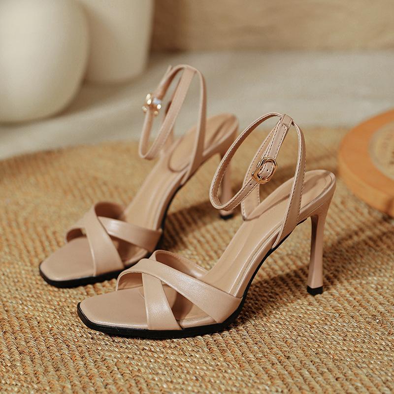 

2025 summer new 9cm high heels women s thin heels sexy French one-word buckle with square head open-toed high-heeled sandals 34 абрикосовый