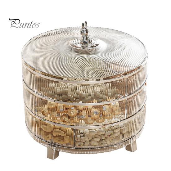 Dreischichtiges, geteiltes Nuss-Serviertablett mit Deckel, 360-Grad-Drehung, transparenter Kunststoff-Snackplattenbehälter, BPA-freie Aufbewahrung von Trockenfrüchten