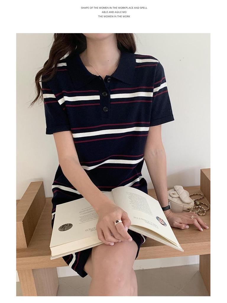 Women's Spring-Summer Striped Cotton Polo Dress - Color Block, Short Sleeve, Knit T-shirt.