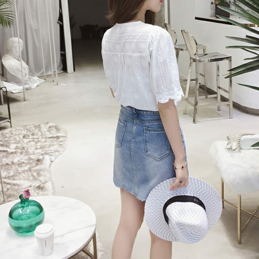 2019 Summer Embroidered Tops Cotton Fabric Blouse Embroidered Shirt Scallop Collar Short Sleeve Lace Elegant Cute Floral Pattern Thin Loose Fit