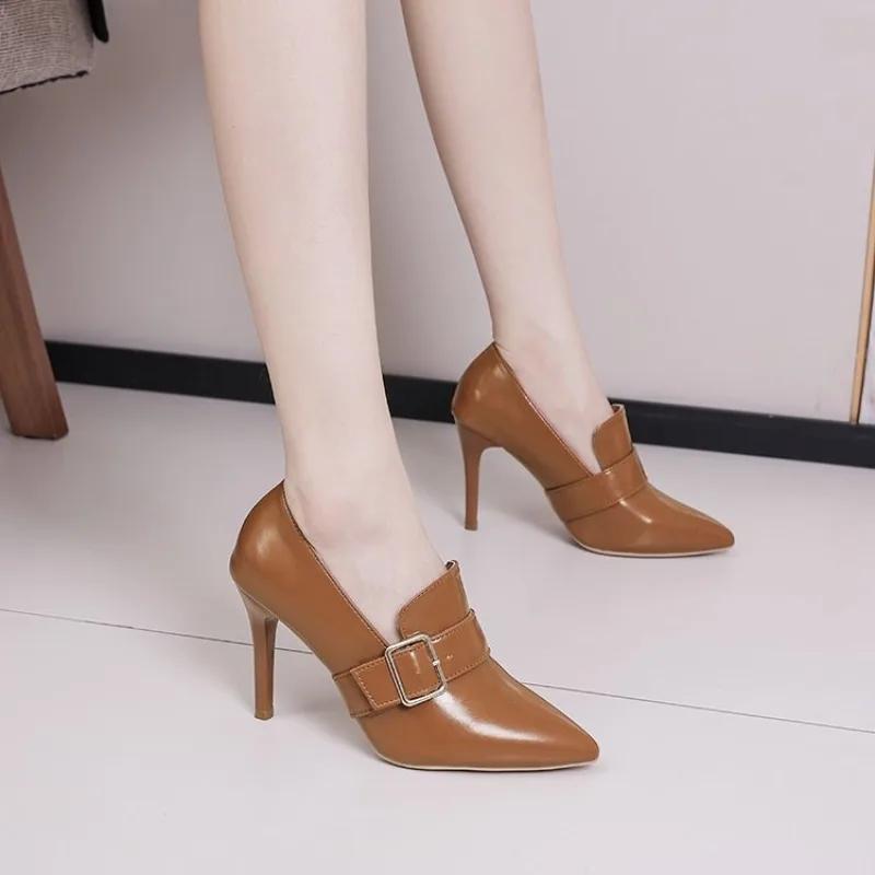 Autumn New Slip-on Slim Heel Single Shoes Pointed Toe Mid-mouth Belt Buckle Anti-slip Wear-resistant High Heels