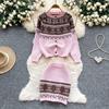 Autumn Winter Women Vintage Jacquard Knitted Sweater Two Piece Set Single Breasted Cardigans Tops and Mini Short Sheath Skirt Suit