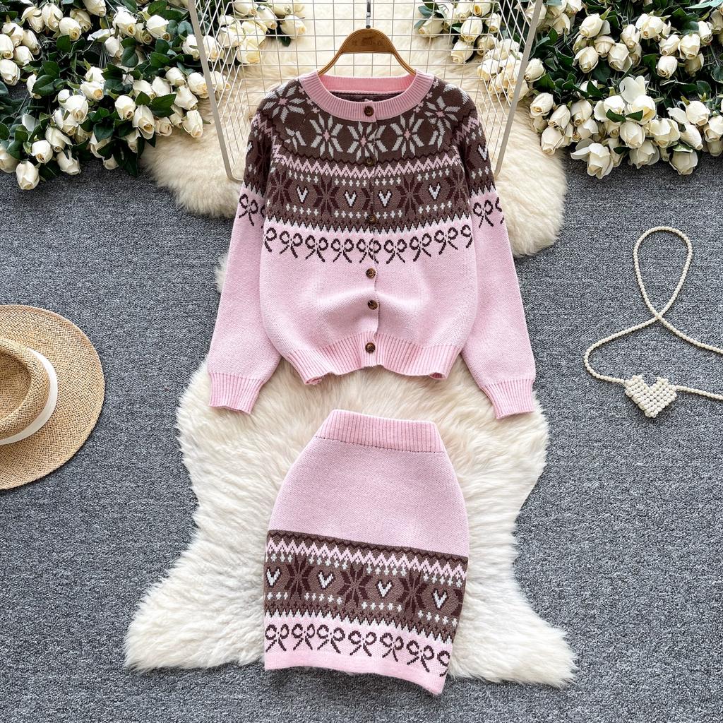 Autumn Winter Women Vintage Jacquard Knitted Sweater Two Piece Set Single Breasted Cardigans Tops and Mini Short Sheath Skirt Suit