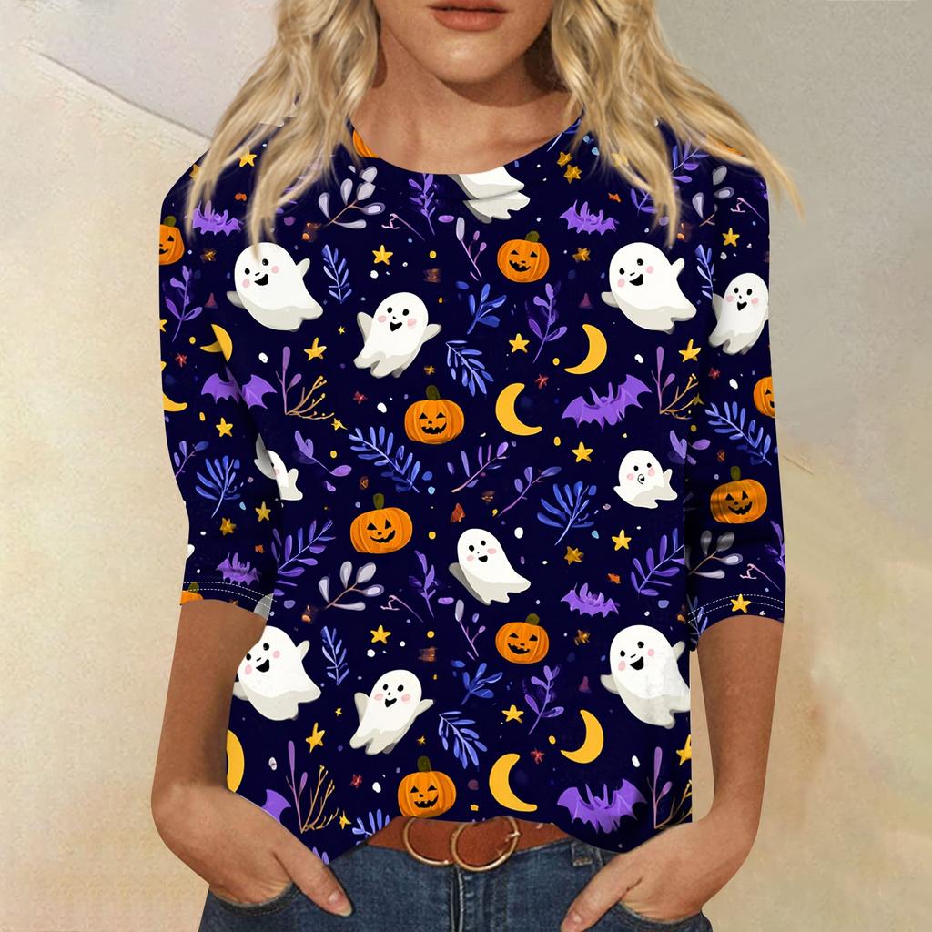 Women's Casual Round Neck Three Quarter Sleeve Halloween Print T Shirt Top Lightweight Soft Fabric Comfortable Fit