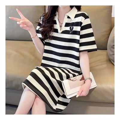 Navava Women No797 Striped Heart Point Slit Collar Short Sleeve Dress