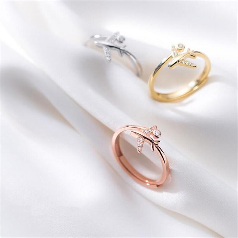 New Exquisite Zircon Airplane 925 Sterling Silver Temperament Personality Sweet Double Layer Crystal Opening Rings TYB014