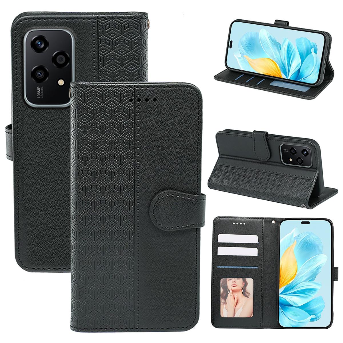 

For Honor 200 Lite Case Cubic Grid Pattern Card Slots Wallet Leather Phone Cover Black