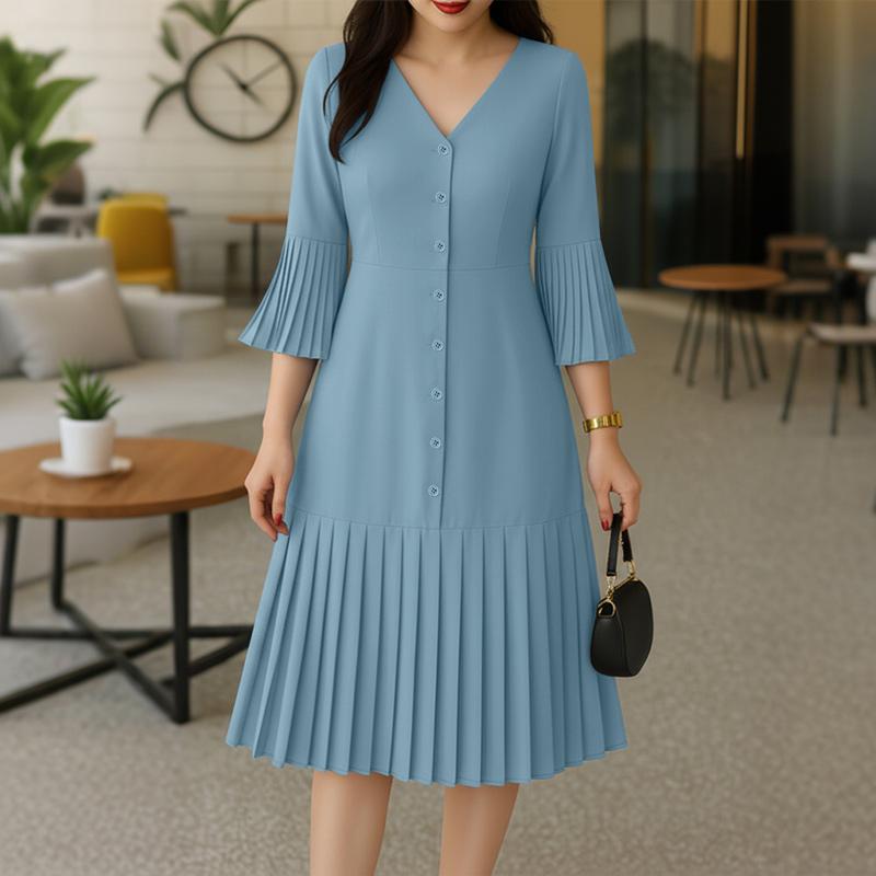 ZANZEA Women Casual V-Neck Solid Color 3/4 Sleeve Pleated Dress