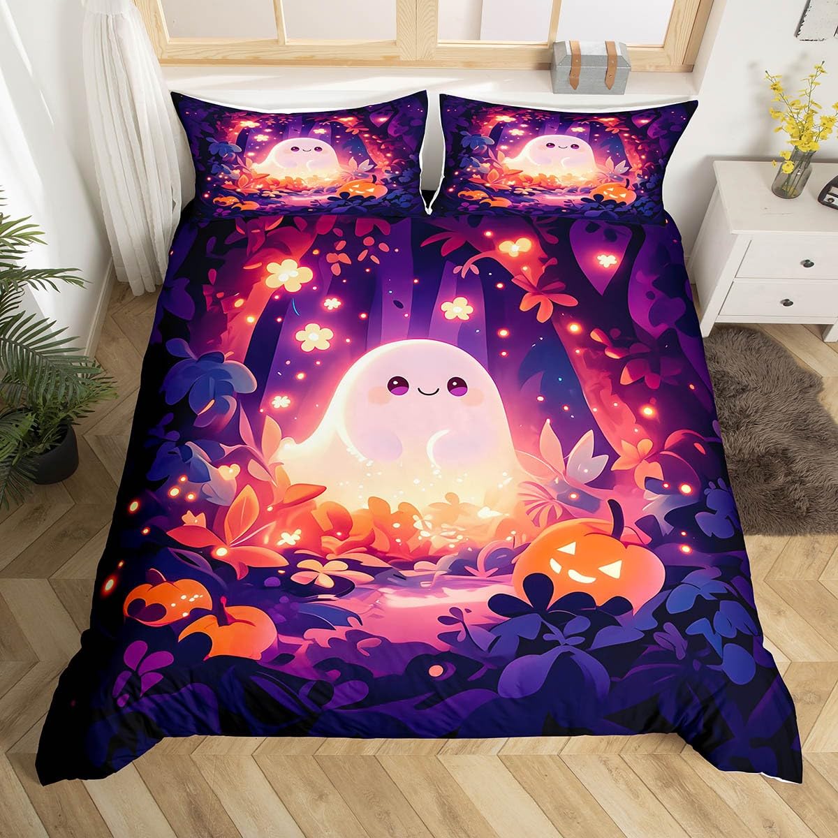 

Comforter Cute Ghost Twin King Halloween Bedding Set For Kids Girl Microfiber Horror Theme Comforter With 2 S Comforter (quilt)-EU Single(135*200cm)3pcs