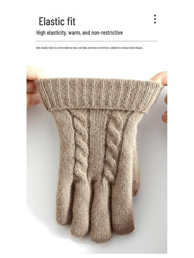 Women's Winter Knitted Touchscreen Gloves - Double-Layer Fleece-Lined, Thick Warm for Outdoor Cycling