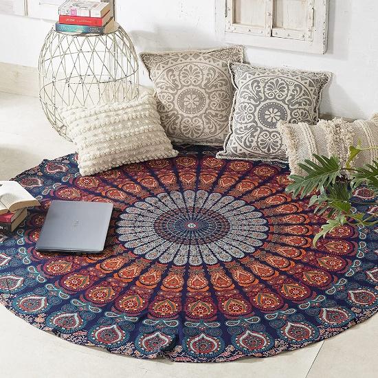 Indický Golden Blue Chili kulatý potah na stůl Bohemia Indian Mandala Ubrus Látka Páv Otec Ubrus Středomořská kuchyně Kulatý