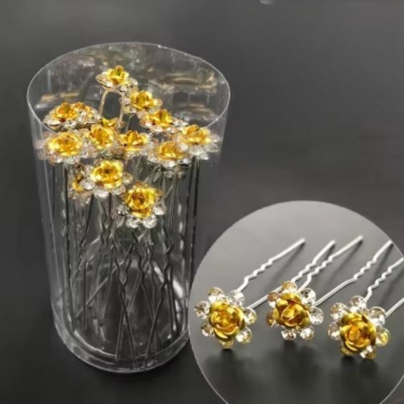 20Pcs/set Women U-shaped Hair Fork Pin Crystal  Rose Flower Hair Clips Rhinestone Hair Stick Wedding Bridal Jewelry Headwear Gift