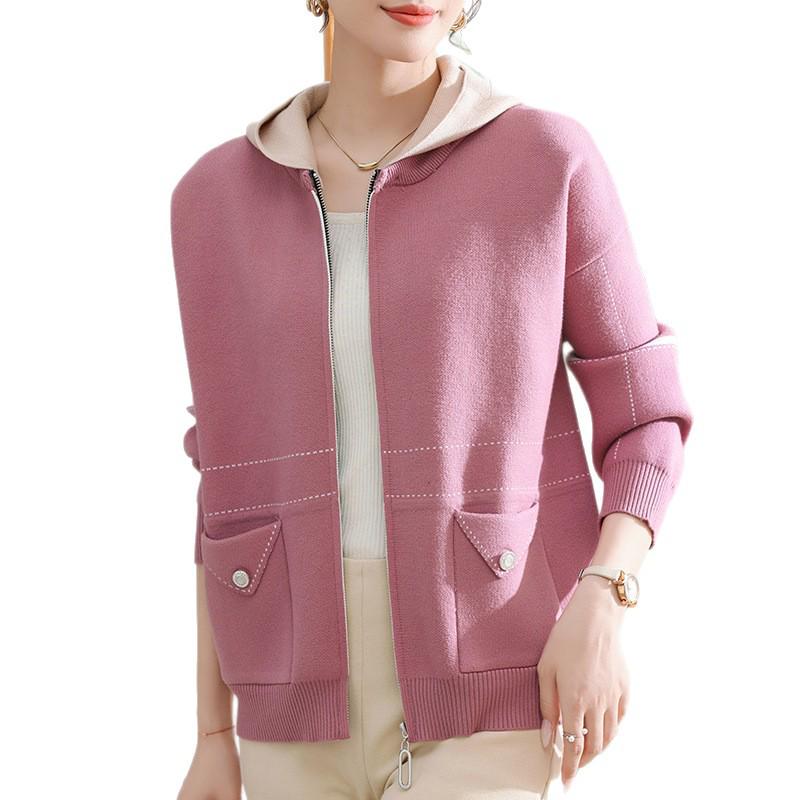 2025 Spring & Autumn Hooded Knit Cardigan for Middle-Aged & Elderly Women