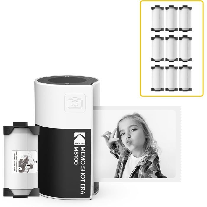 KODAK Memo Shot ERA MS100 BNDL - Imprimante Photo Autocollante 2.7x1.8, Bluetooth, iOS/Android, Cartouches, Appli Incluse - Blanc