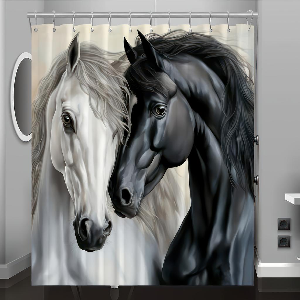 Digital Printed Horse Pattern Shower Curtain -  Reversible Polyester,  All-Season Woven Fabric for Bathroom/Home Decor