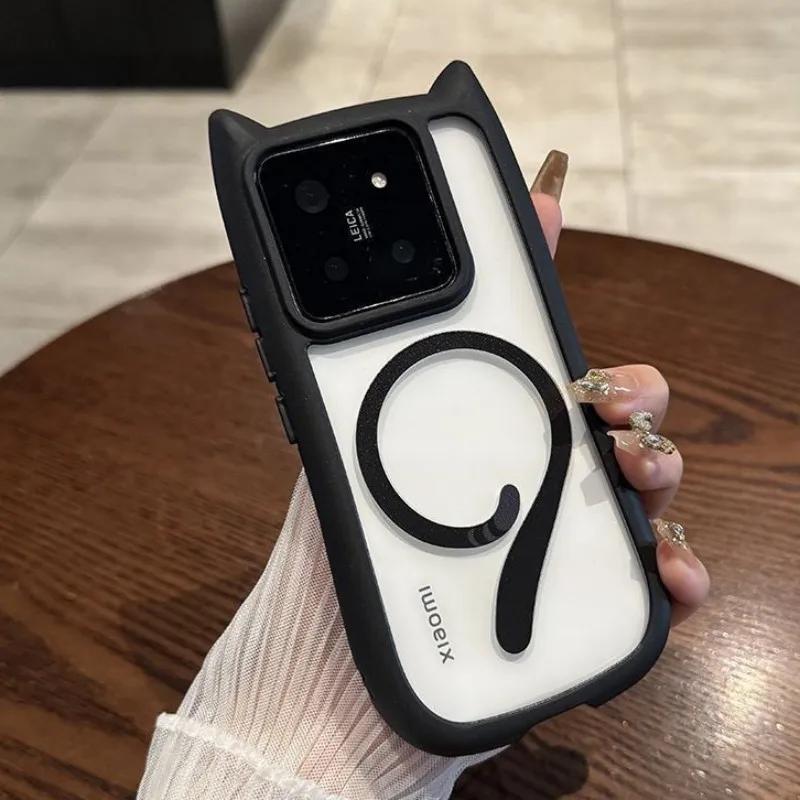 Magnetische Magsafe Niedliche Katzenohren Klare Hülle Für Xiaomi 15 Ultra 14 Pro 14 Redmi Note 13 5G Harte Stoßfeste Kabellose Ladeabdeckung