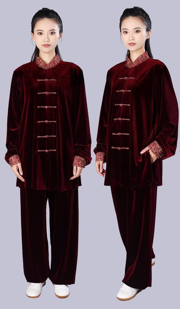 Abbigliamento di alta gamma coreano in velluto per la pratica del Tai Chi da donna con colletto a nuvola propiziatoria - Uniforme per arti marziali per performance autunnali/invernali