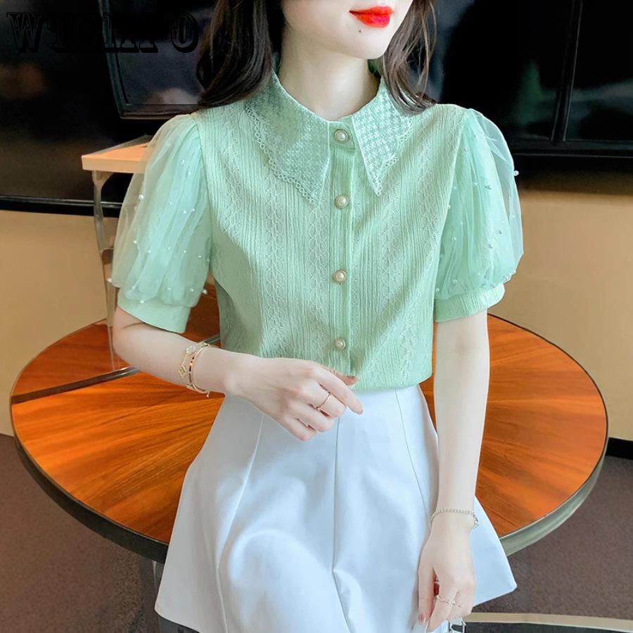 Bubble Short Sleeved Lace Shirt for Women Summer New Versatile Hollow Out Shirt Top