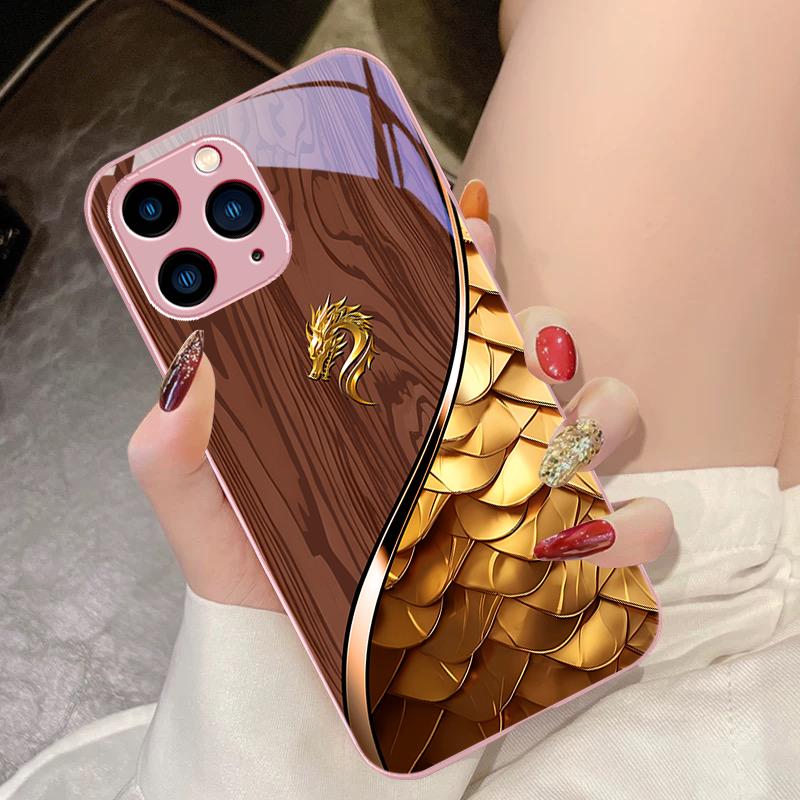Black Tempered Glass Phone Case for iPhone 15 Pro 14 13 12 Mini 11 XS Max XR 7 8 Plu SE 2020 2022 Wood Grain Dragon Scale Red