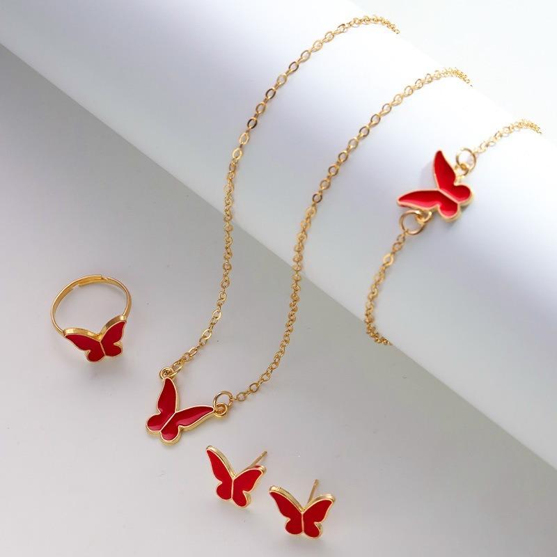 Fashion European American Style Butterfly Enamel Jewelry Four Piece Set For Women