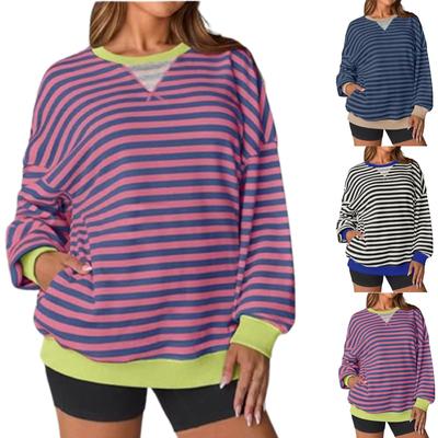 Women's Fashion Casual Long Sleeve Crewneck Striped Hoodie Top (with Side Pockets)