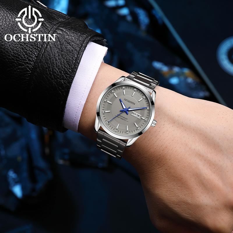 OCHSTIN Men Watch Self-Wind Mechanical Date Day Calendar Luminous Dial Transparent Back Stainless Steel Band Male Business Dress