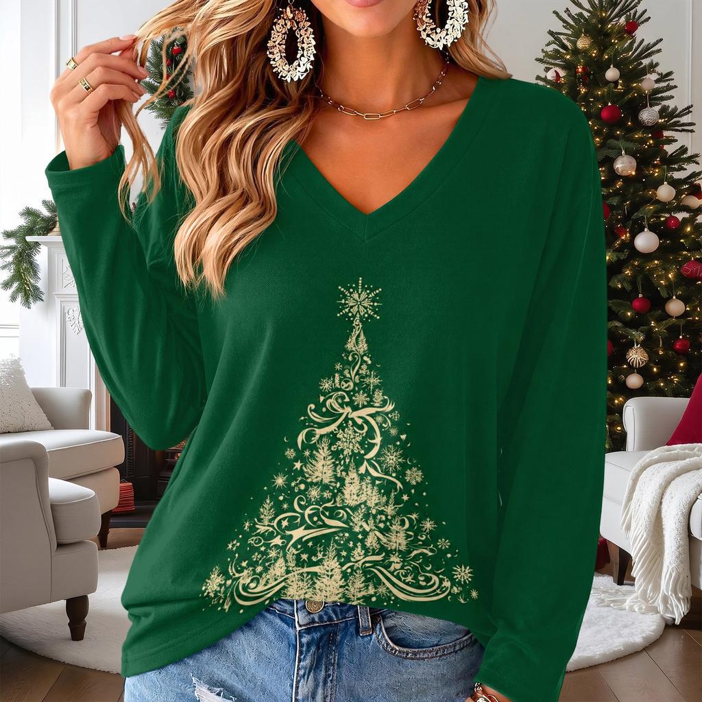 Women's V-Neck Long Sleeve Christmas Print Lightweight Blouse for Spring and Summer