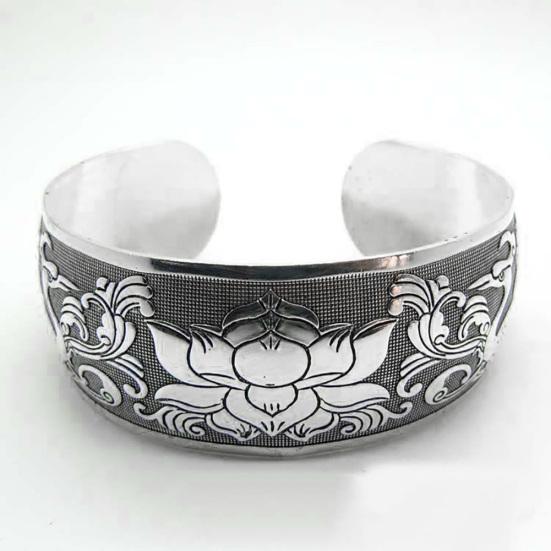 Women Vintage Ethnic Style Open Jewelry Tibetan Silver Bangle Wide Cuff Bracelet