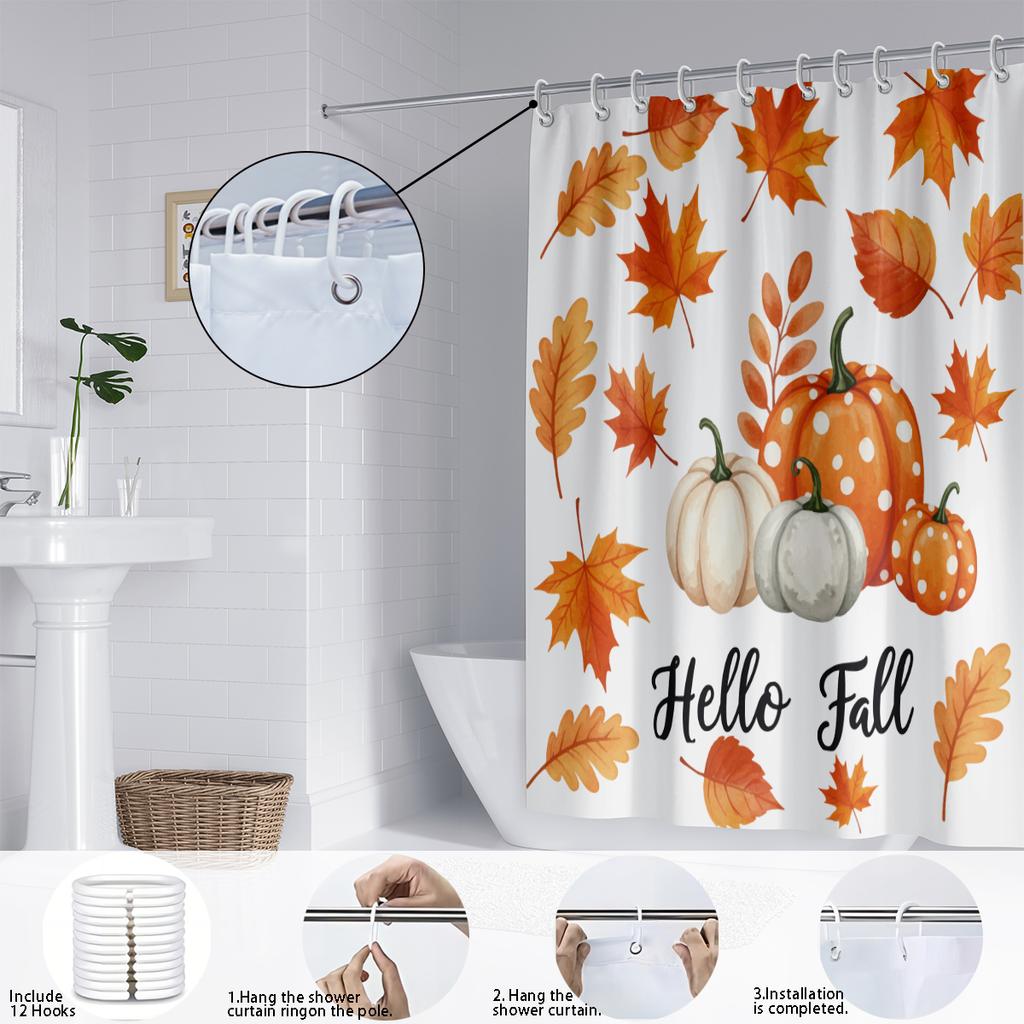 1pc Autumn Harvest Thanksgiving Pumpkin Print Waterproof Shower Curtain Privacy Multi Size with 12 Hooks Easy Install