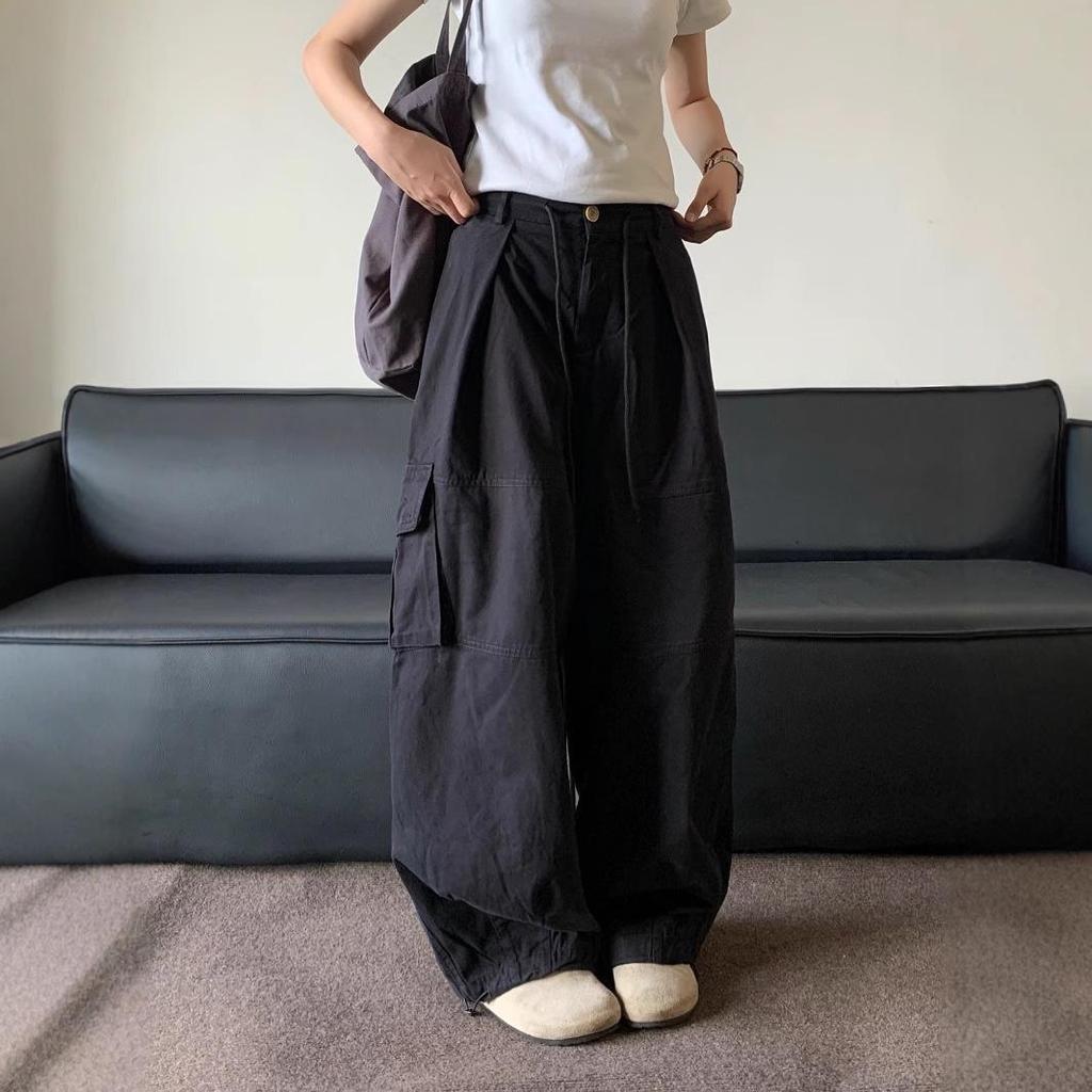 Unisex Summer Retro Wide-Leg Cargo Pants with Drawstring