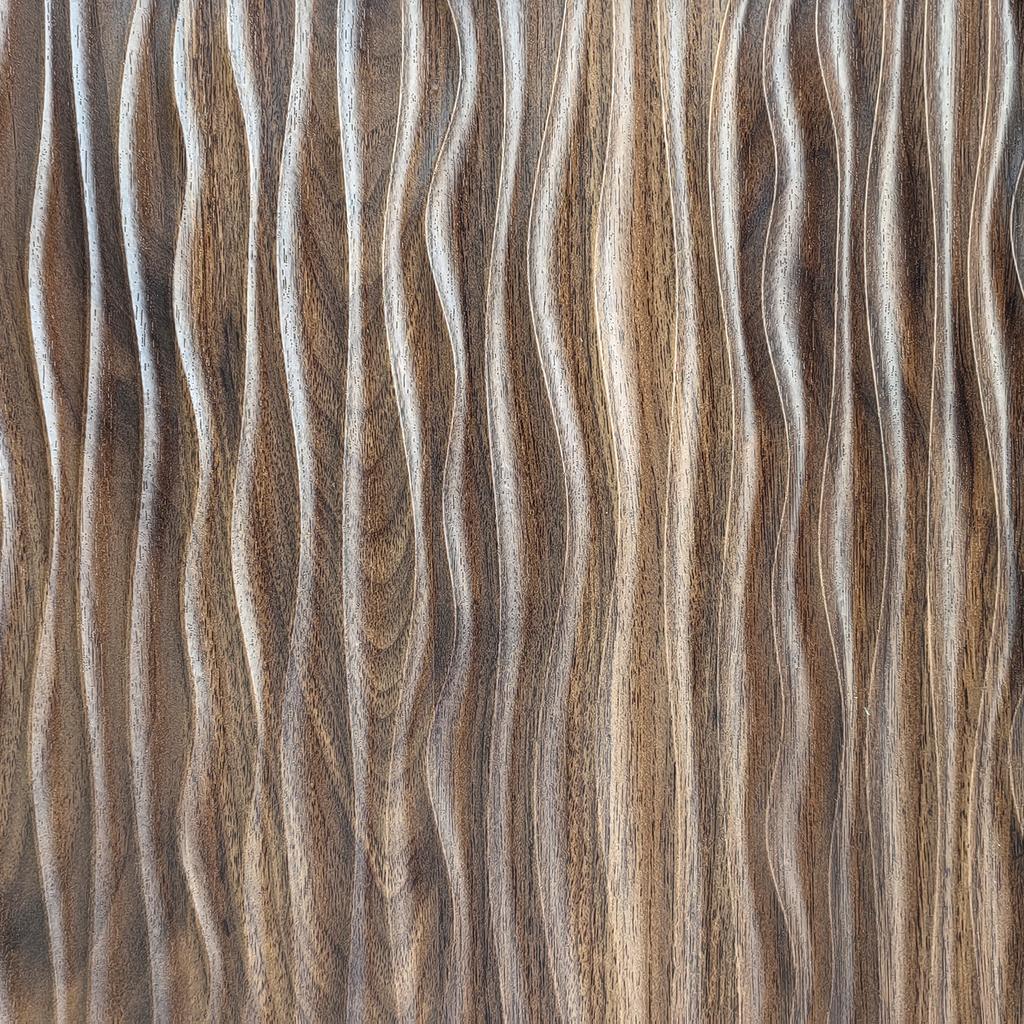 TV Cabinet, Lowboard with Door Panels with Water Wave Pattern and Three Drawers In a Wood and Black Color Scheme.
