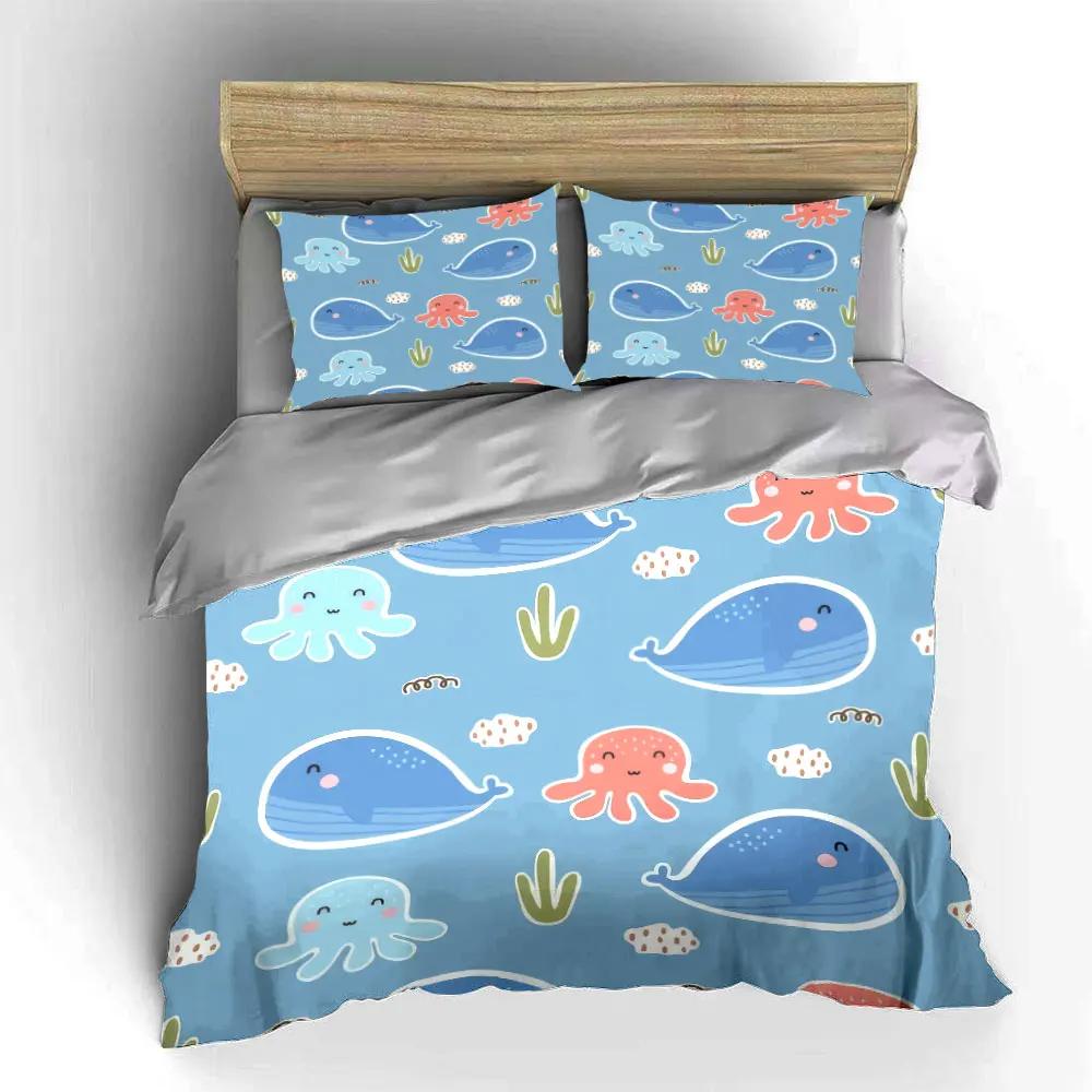 Cartoon Marine Animal Decor Set Soft Comfortable Duvet Cover Bedding Set Included 1*Duvet Cover & 2*Pillowcases Gift