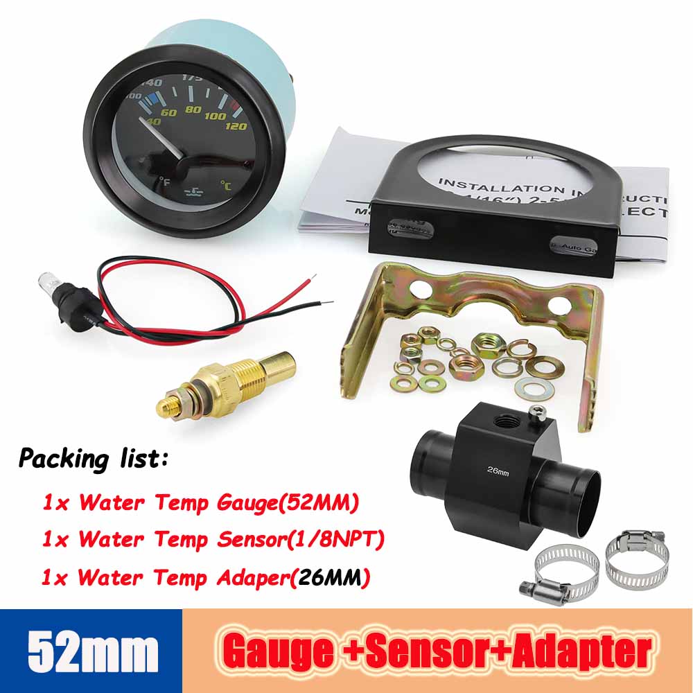 52mm Auto Temp Gauge Dual Unit Digital 40-120℃/100-250℉ Water Temperature Indicator Sensor Adapter 1/8NPT For Gasoline Vehicle
