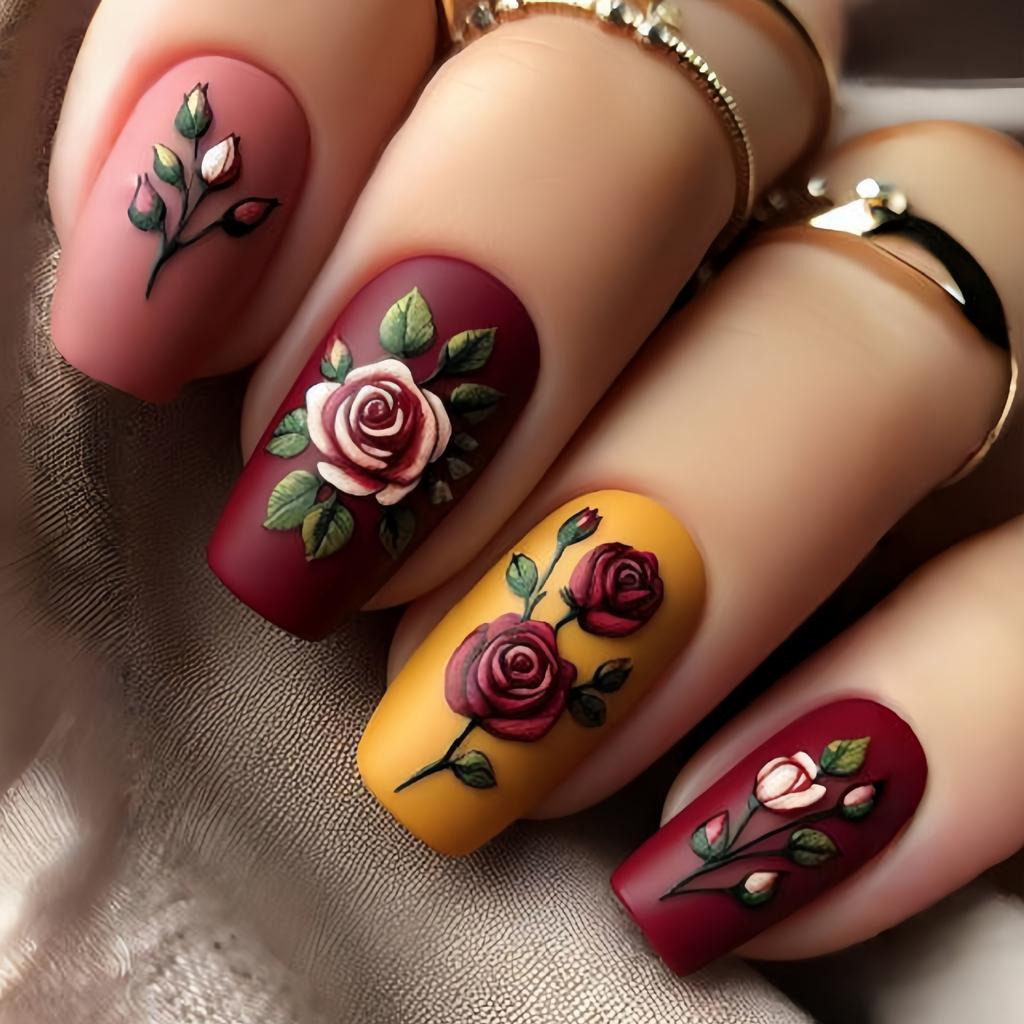 24PCS Spice Girls Ballet False Nails Art with Glue Red Flowers European Ins Style Short Square Press On Nail Full Cover Wearable
