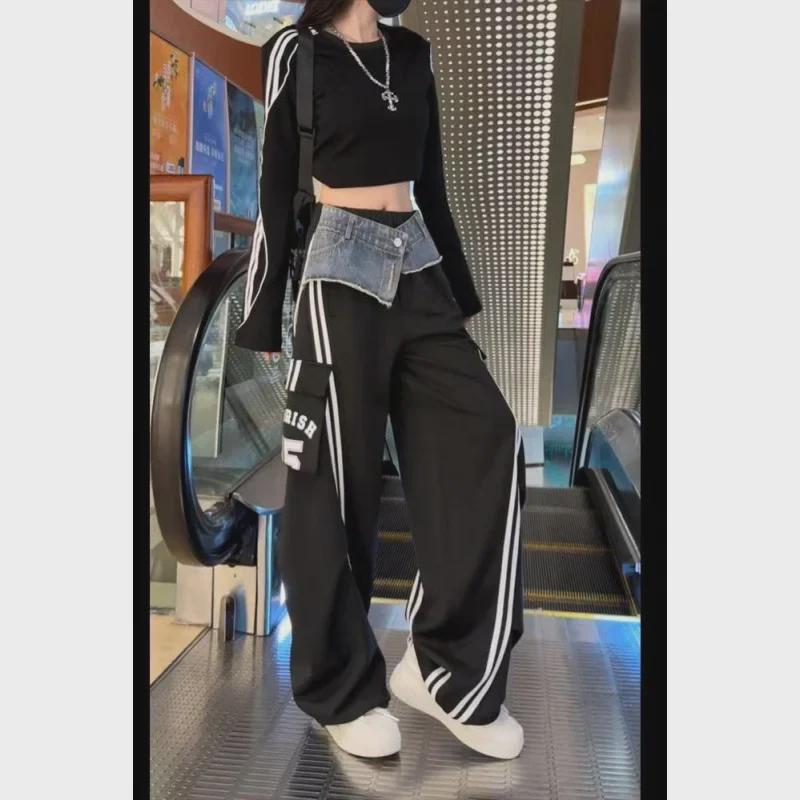 Women's Striped Denim Overall Pants with Pockets - Fall Fashion Wide-Leg Style