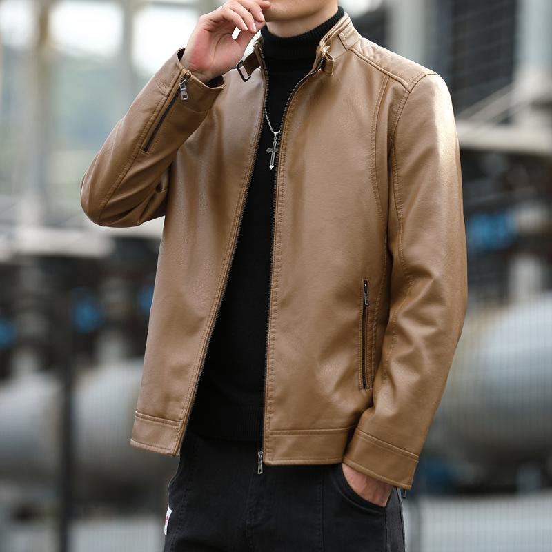 Leather Jacket Men's Trendy Autumn and Winter New Men's Korean Style Slim Stand Collar Casual Jacket Green PU Leather Jacket for Men