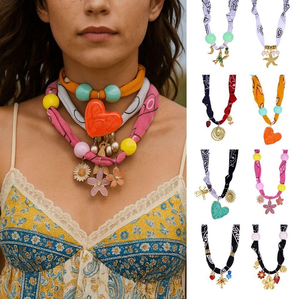 Vintage Cloth Wrap Scarf Necklace Stainless Steel Charm Pendant  Beach Jewelry