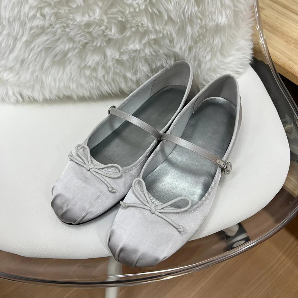 Sheepskin Edition~ Bow Ballet Shoes Gentle Fairy Wind One Pedal Flat Shoes Silver Mary Jane Single Shoes Women
