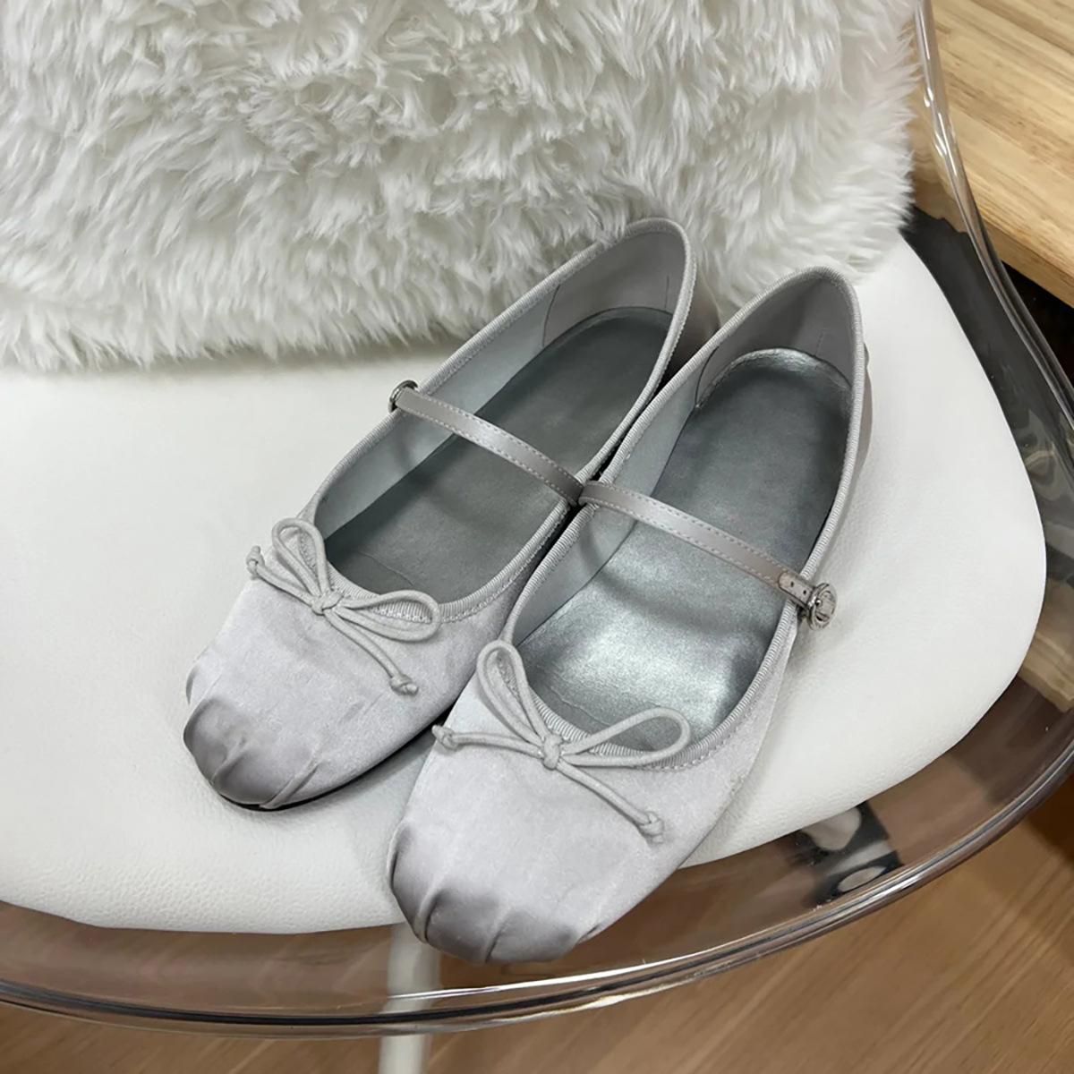 

Sheepskin Edition~ Bow Ballet Shoes Gentle Fairy Wind One Pedal Flat Shoes Silver Mary Jane Single Shoes Women 35