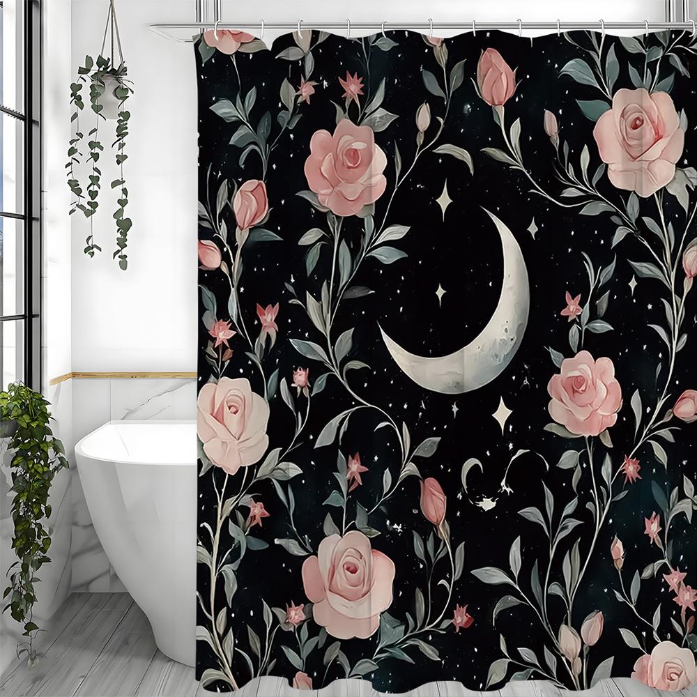 Pink Floral Moon Shower Curtain, Bathroom Decorative Shower Curtain, Waterproof Shower Curtain with Hooks